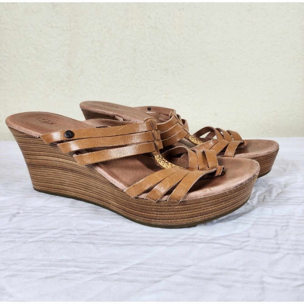 UGG Mattie Tan Leather Woven Wedge Sandals 9 Strappy Platform T-Strap Comfort